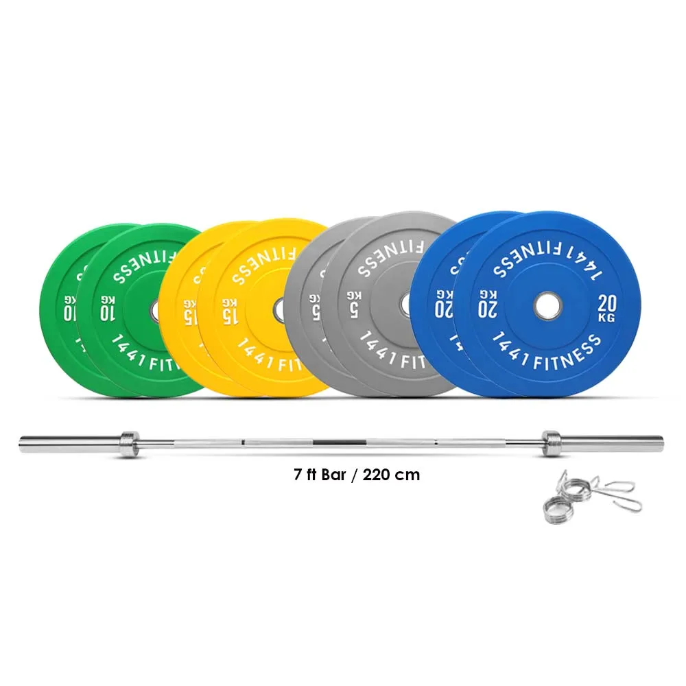 1441 Fitness Premium Color Rubber Bumper Plates Set - 120 Kg / 7 Ft Barbell