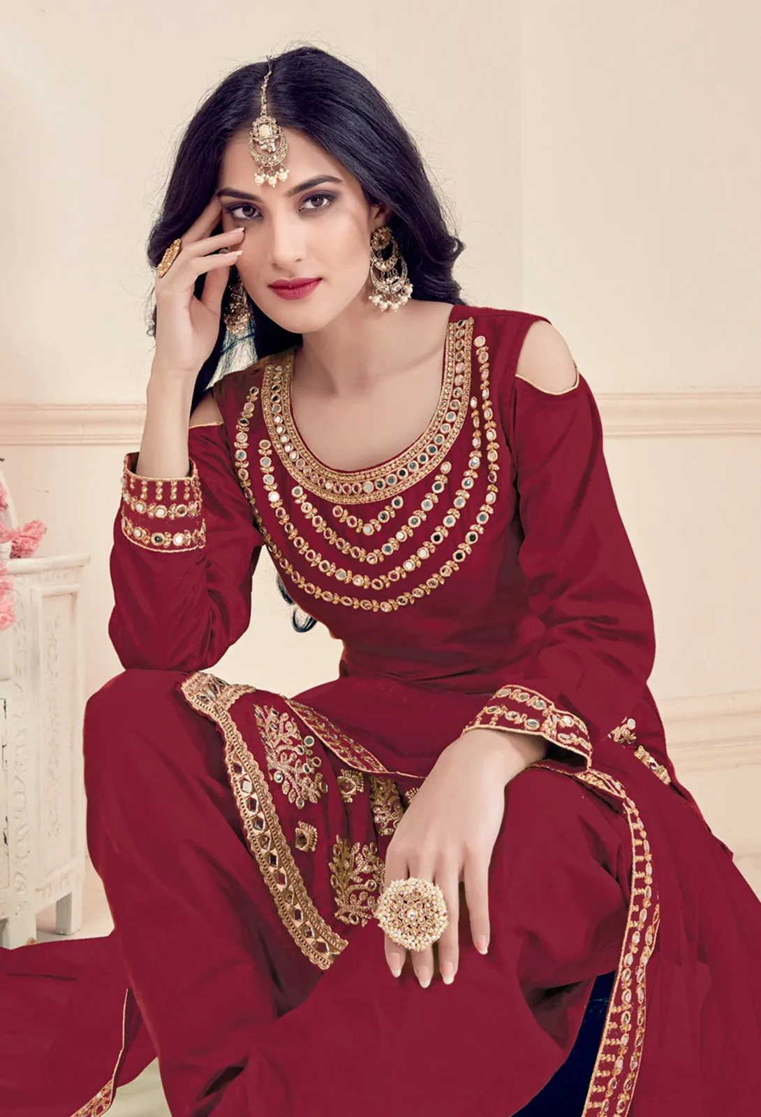 Art Silk Maroon Embroidered Punjabi Patiala Suit