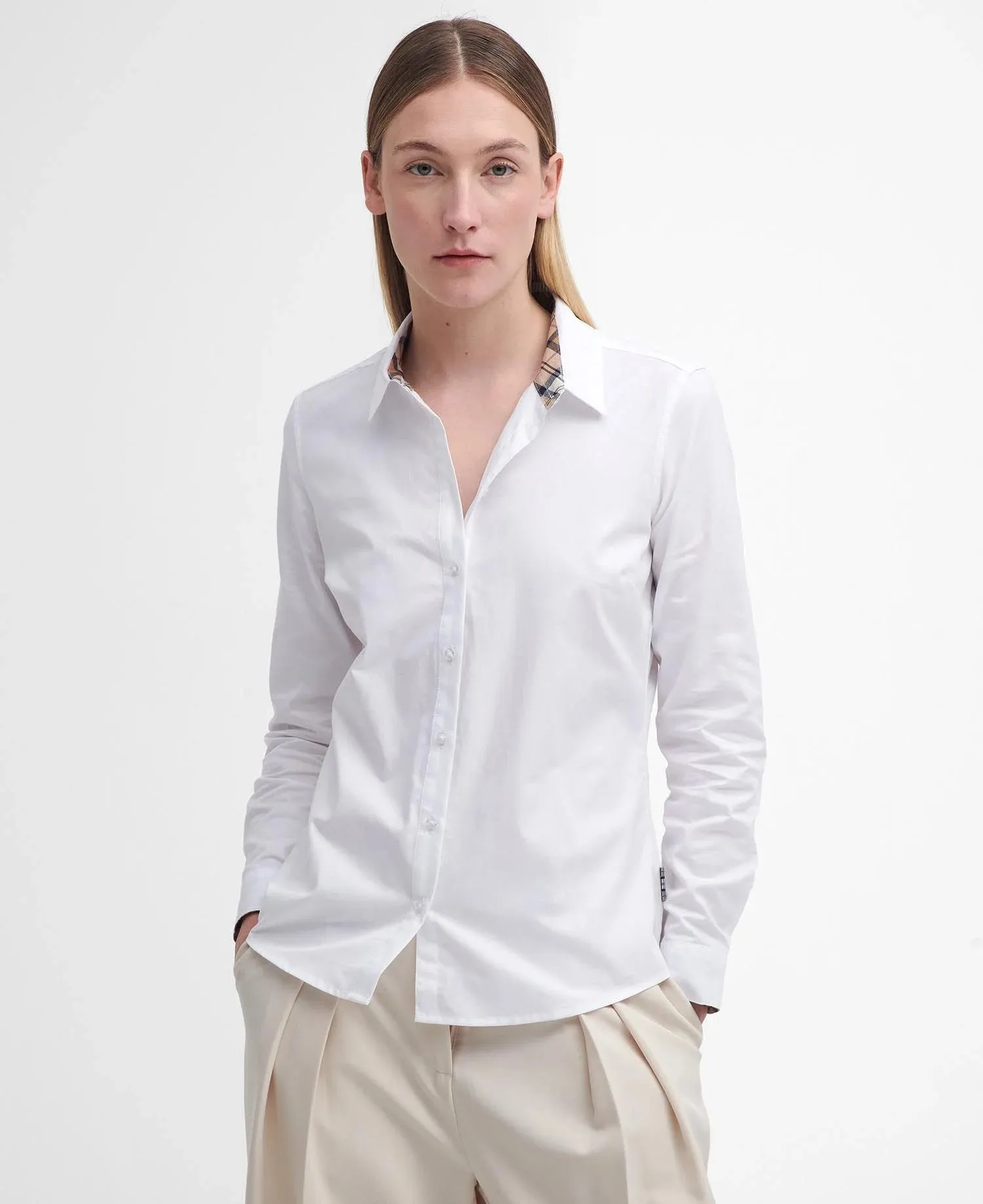 Barbour Derwent Ladies Shirt, Oxford, long sleeved in White Hessian Tartan LSH1409WH33