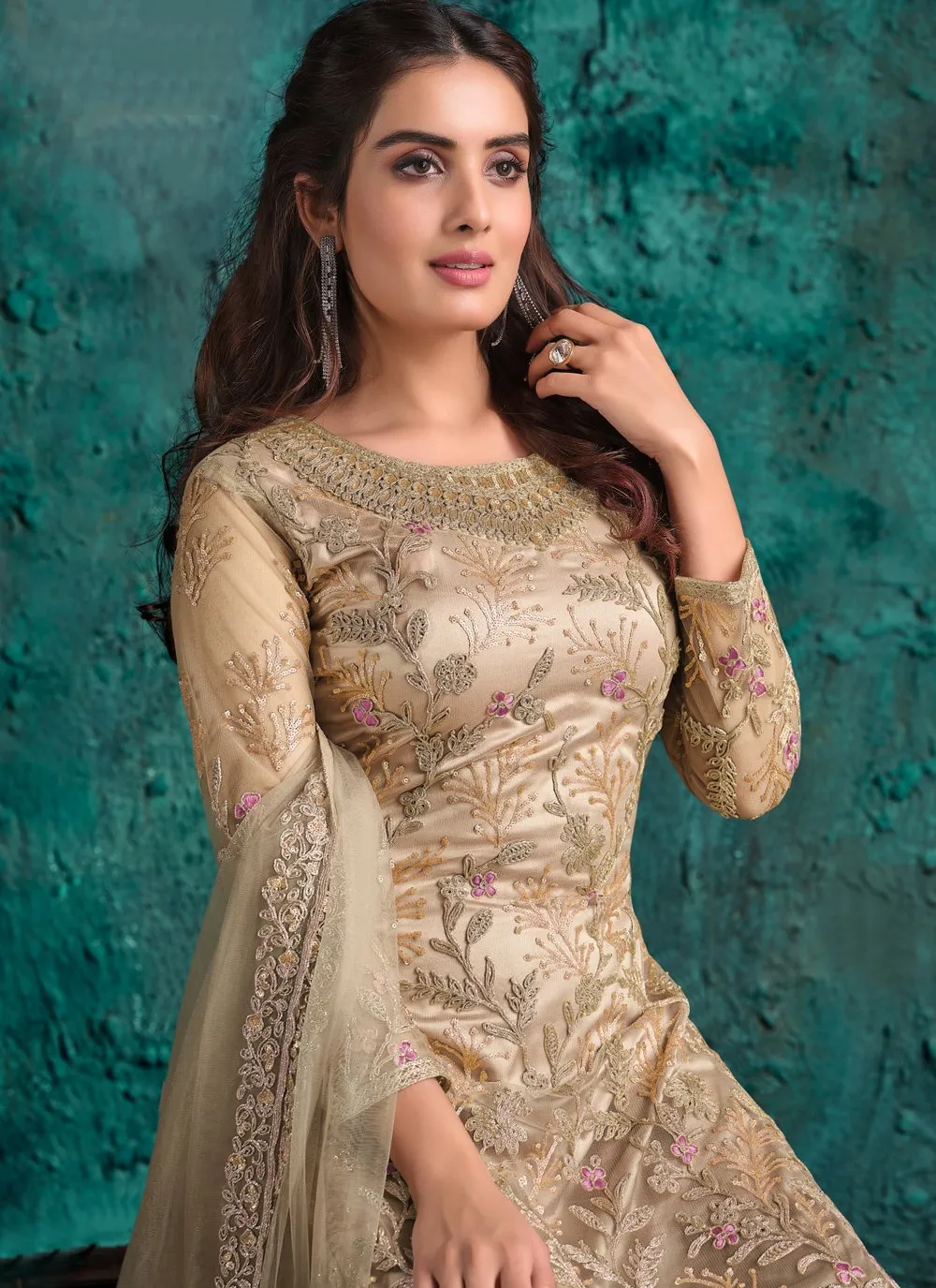 Beige Net Designer Fancy Pakistani Style Suit