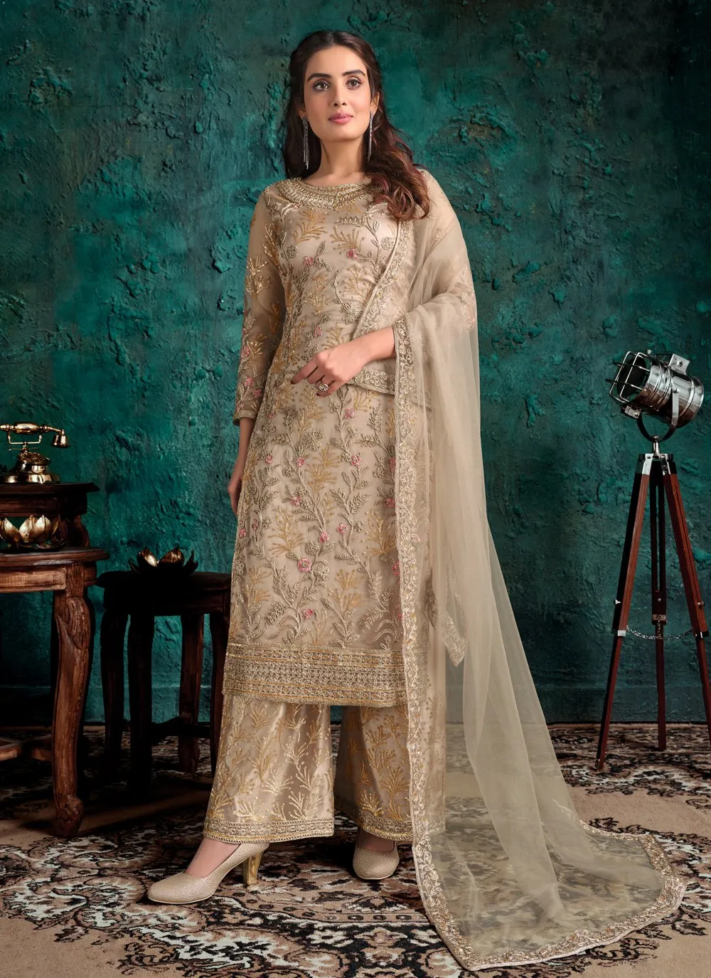 Beige Net Designer Fancy Pakistani Style Suit