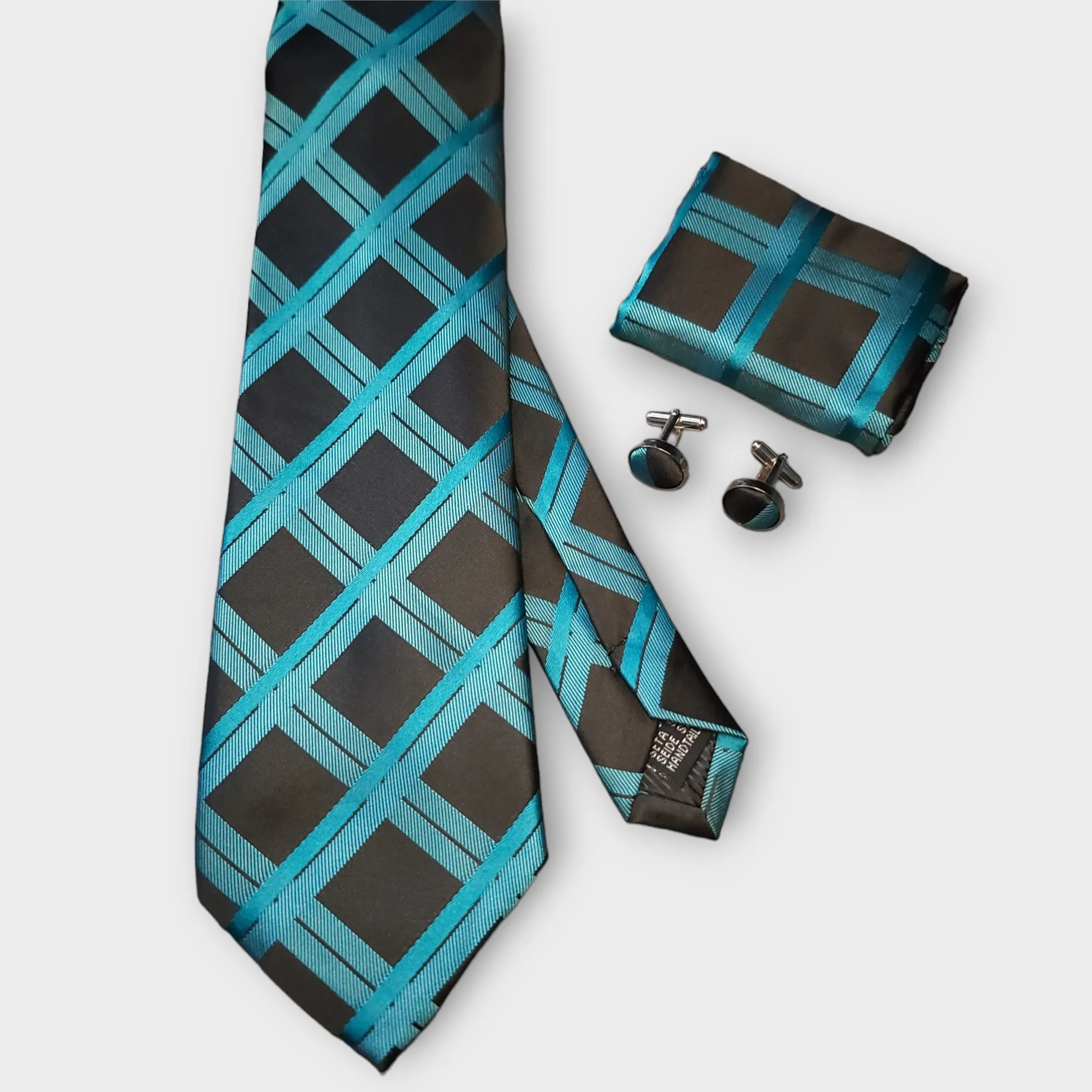 Black Teal Plaid Silk Tie Pocket Square Cufflink Set