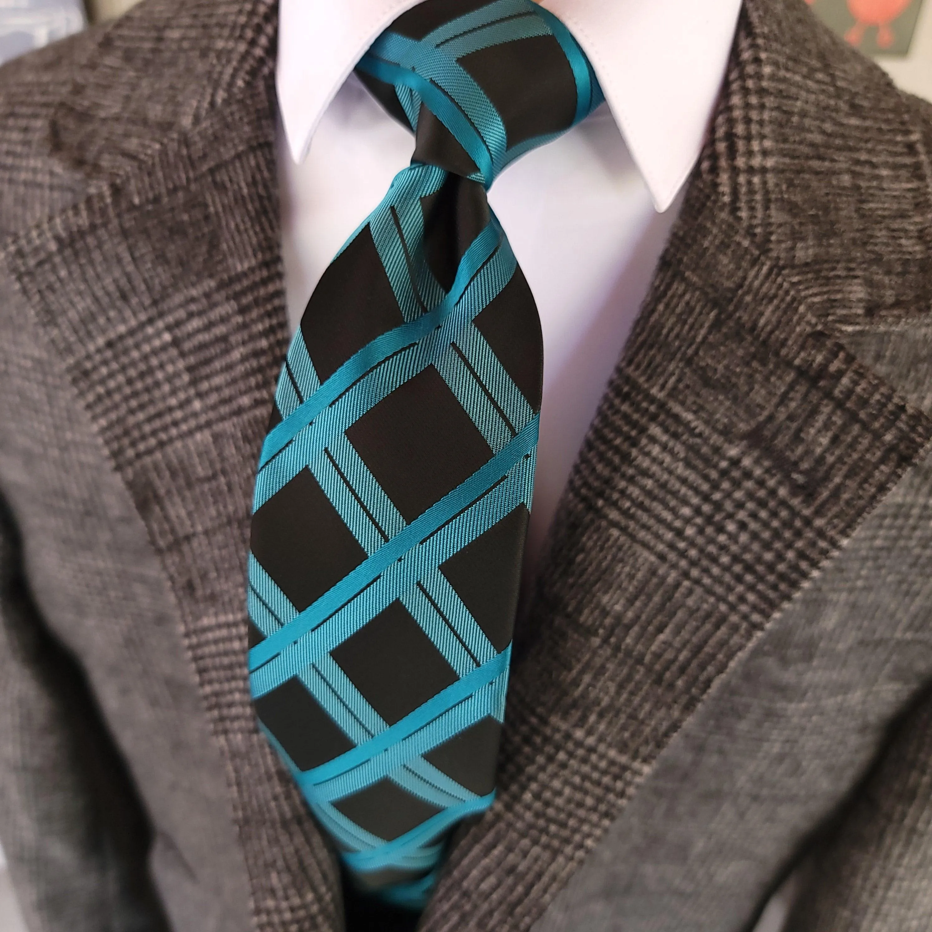 Black Teal Plaid Silk Tie Pocket Square Cufflink Set