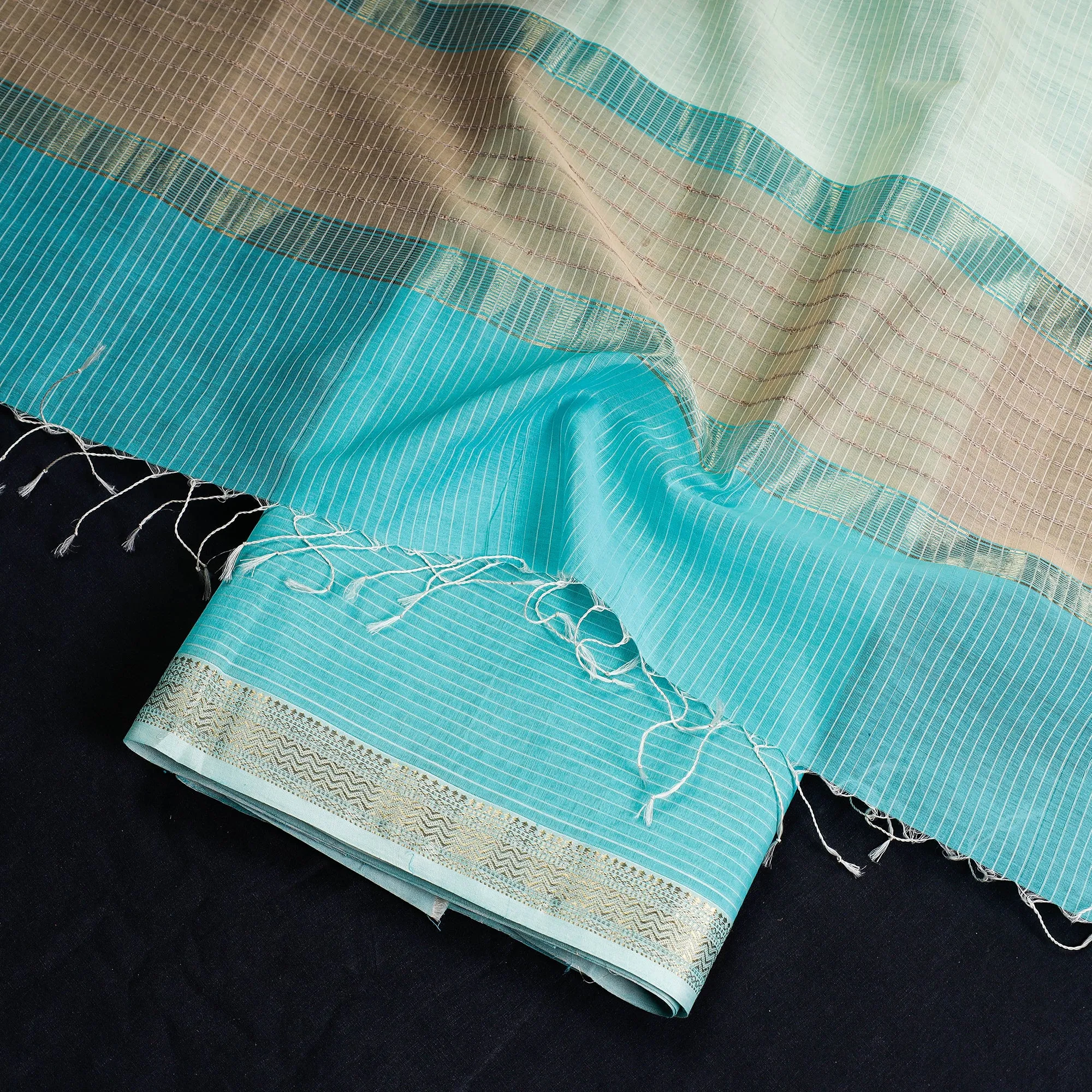 Blue - 2pc Maheshwari Silk Cotton Handloom Stripe Suit Material Set with Zari Border