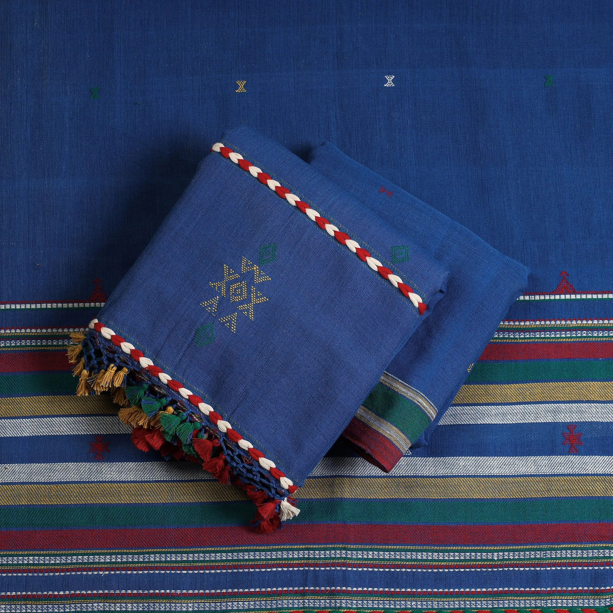 Blue - 3pc Organic Kala Cotton Pure Handloom Full Work Buti Suit Material Set