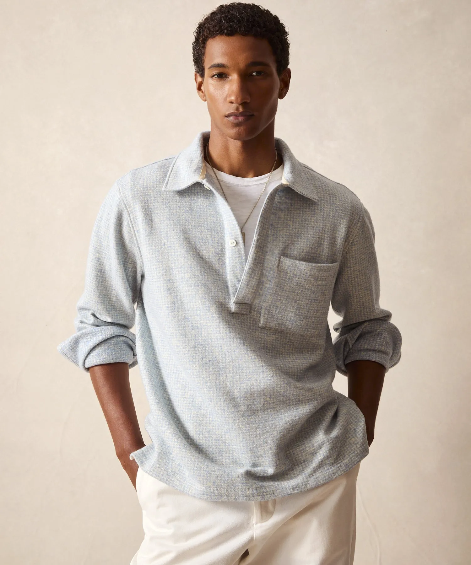 Check Wool-Silk Knit Polo in Steel Blue