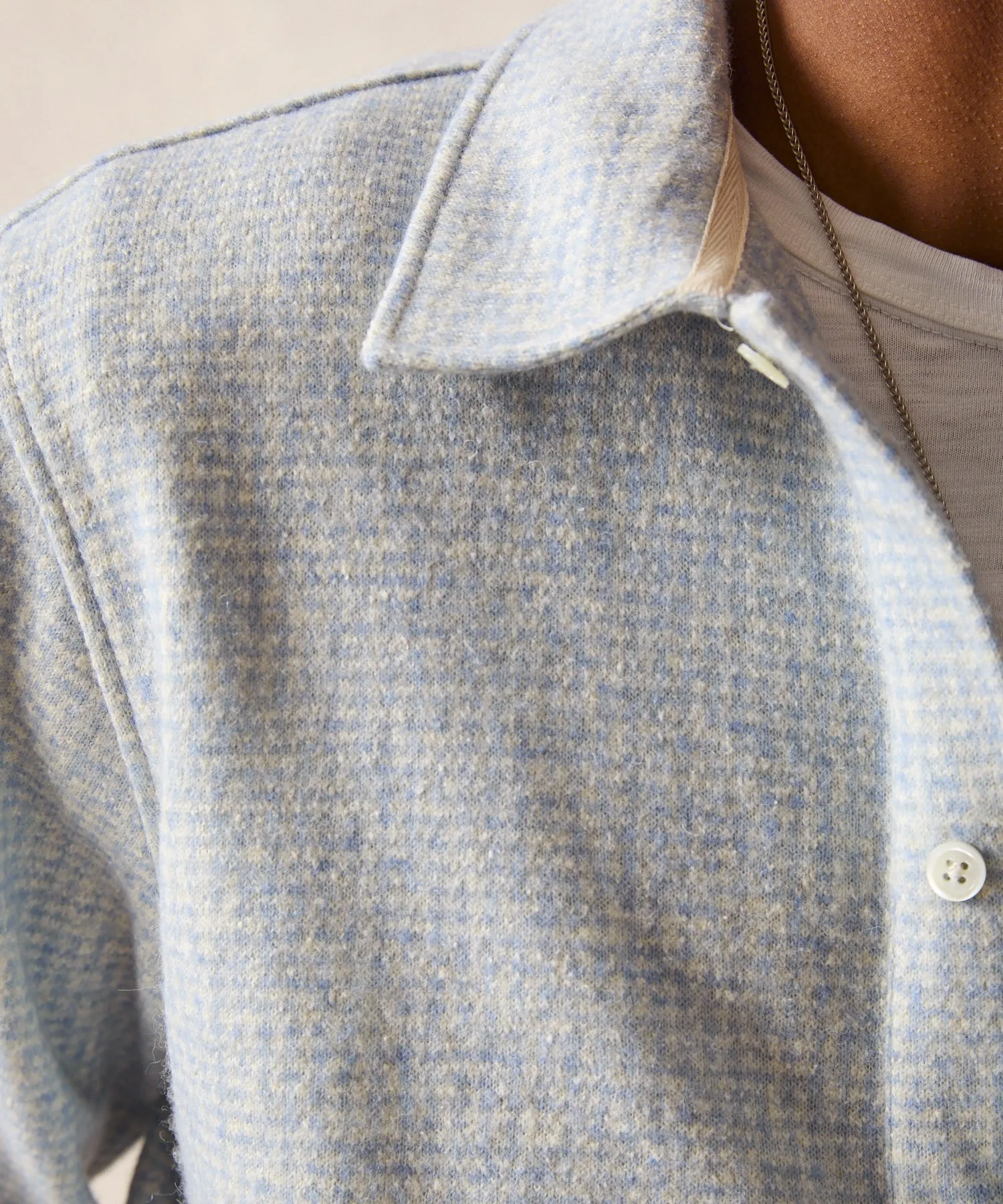 Check Wool-Silk Knit Polo in Steel Blue