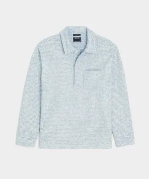 Check Wool-Silk Knit Polo in Steel Blue