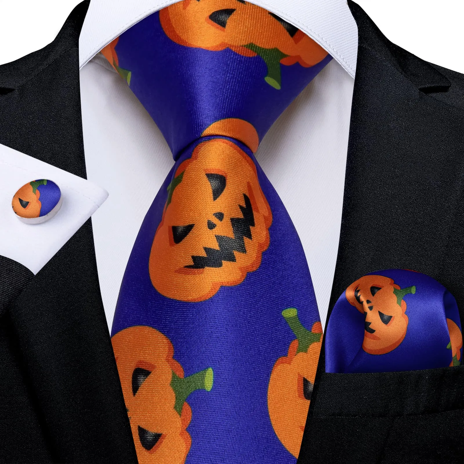 DiBanGu Blue Orange Halloween Pumpkin Necktie Pocket Square Cufflinks Set