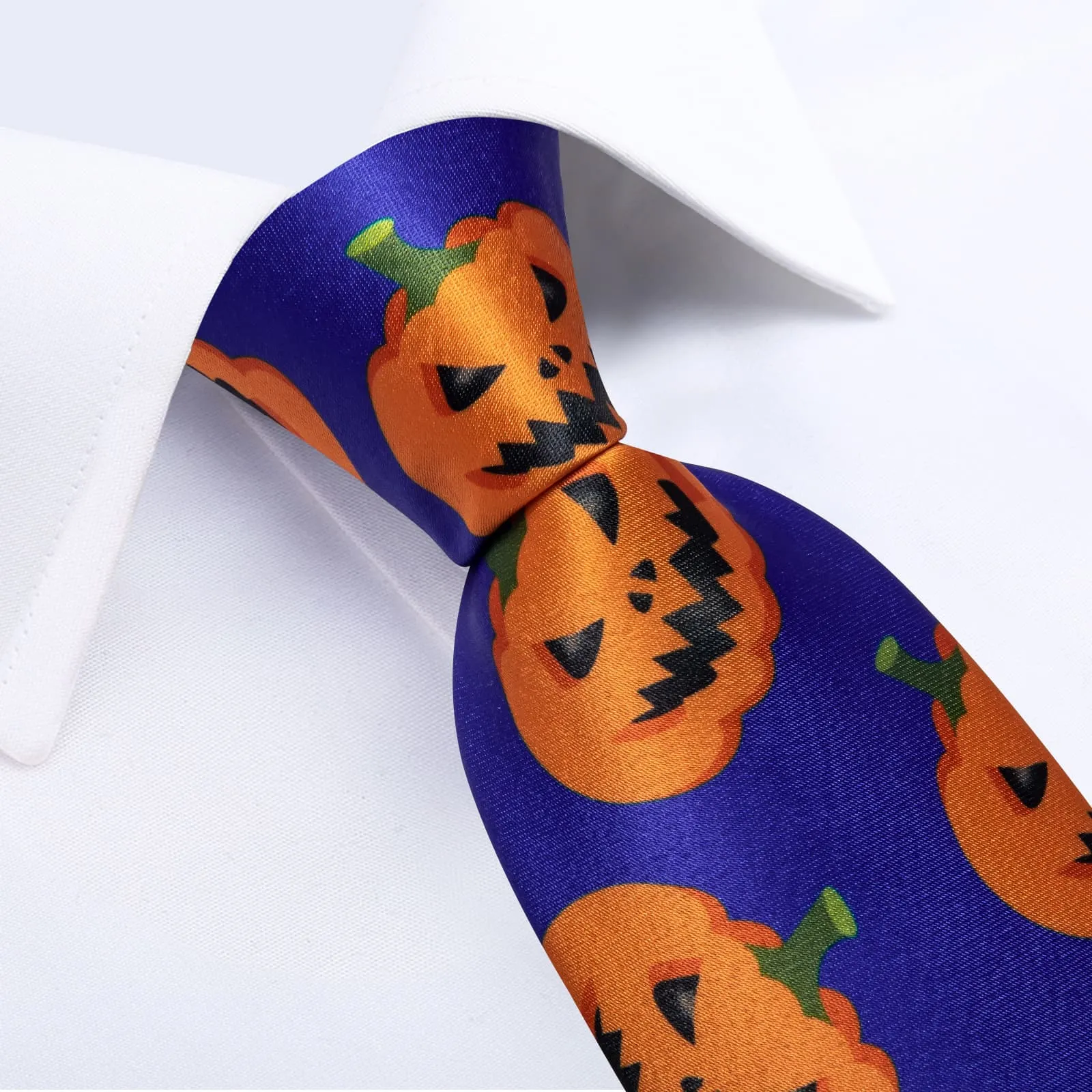 DiBanGu Blue Orange Halloween Pumpkin Necktie Pocket Square Cufflinks Set