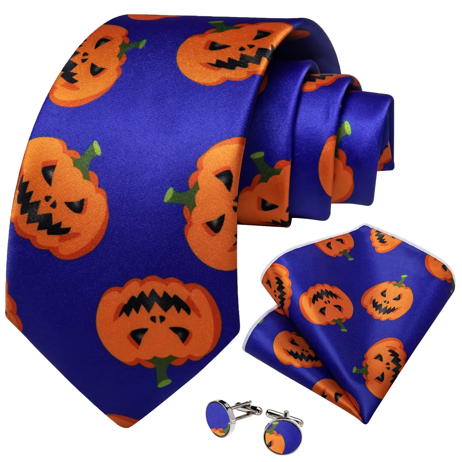 DiBanGu Blue Orange Halloween Pumpkin Necktie Pocket Square Cufflinks Set