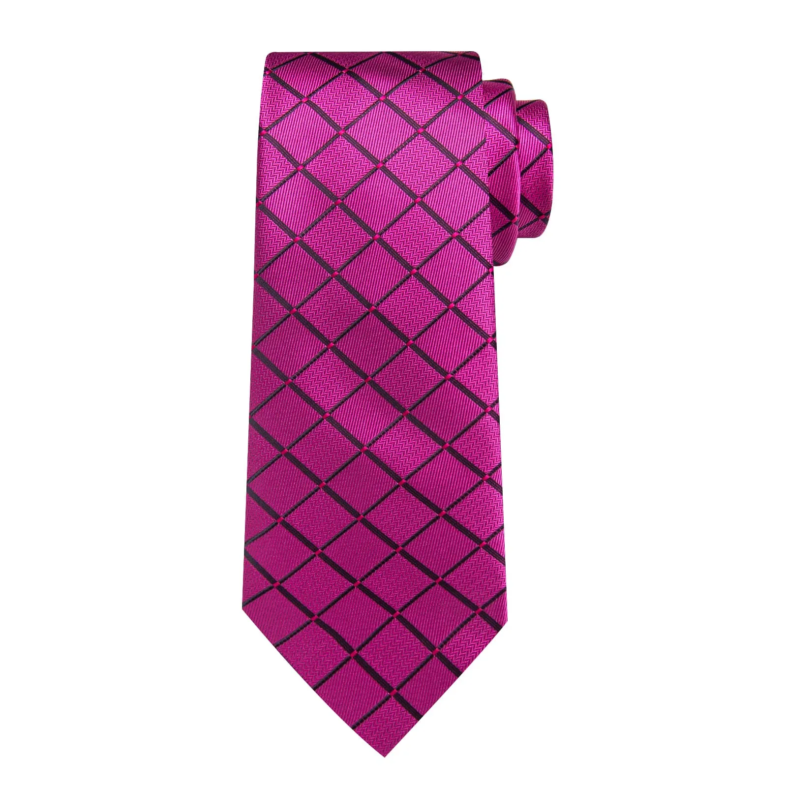 DiBanGu Dress Tie Magenta Pink Plaid Men's Silk Tie Pocket Square Cufflinks Set