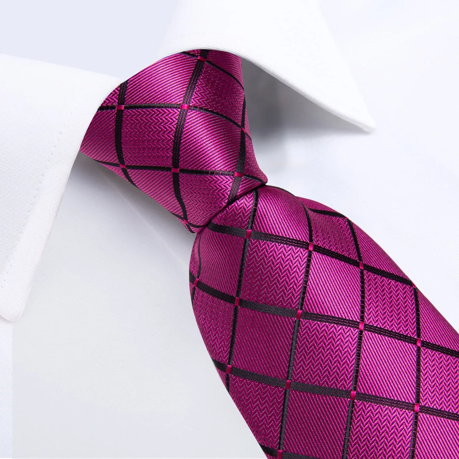 DiBanGu Dress Tie Magenta Pink Plaid Men's Silk Tie Pocket Square Cufflinks Set