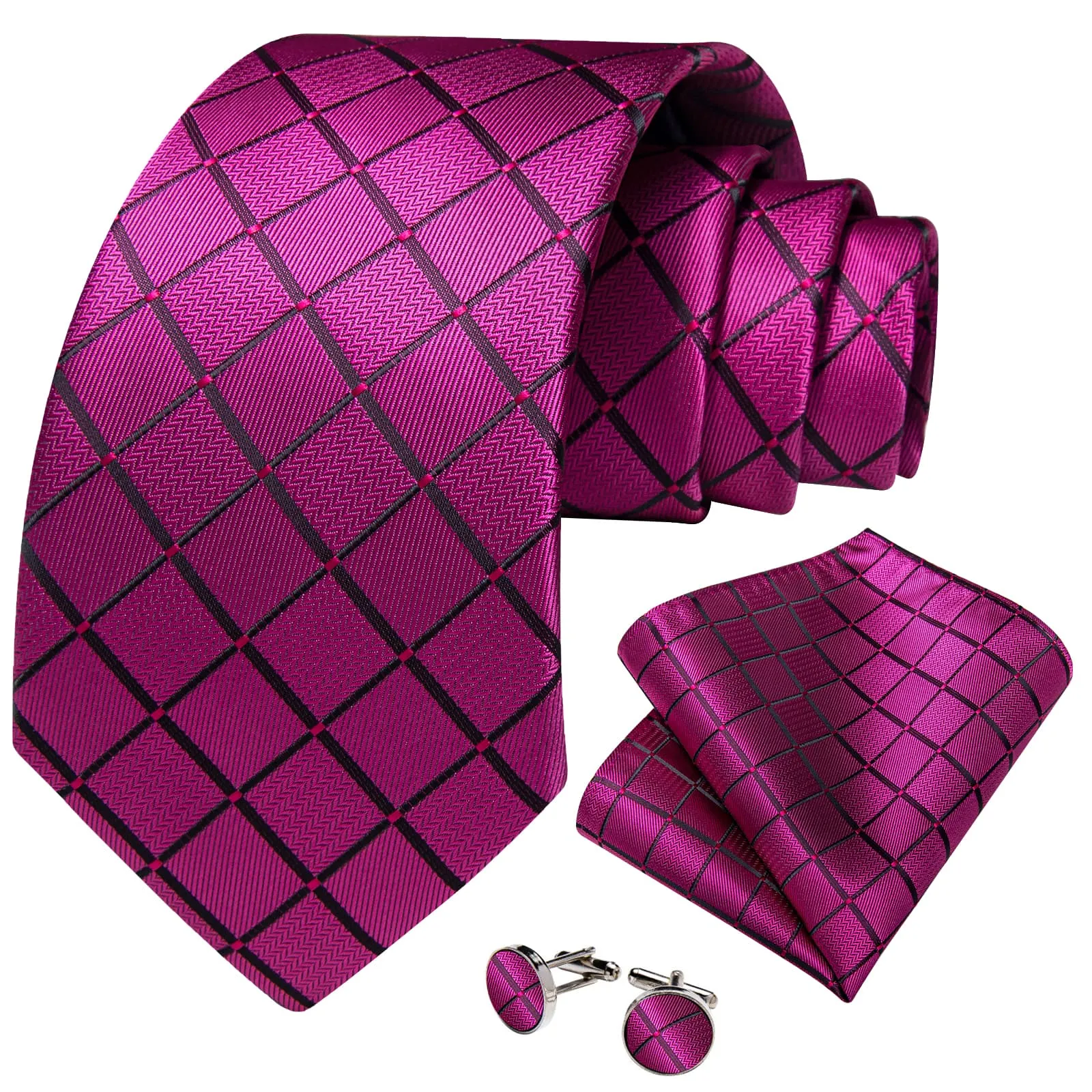 DiBanGu Dress Tie Magenta Pink Plaid Men's Silk Tie Pocket Square Cufflinks Set