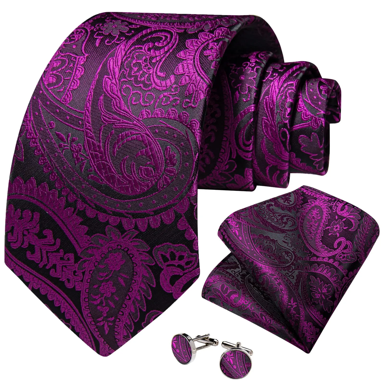 DiBanGu Dress Tie Violet Purple Paisley Men's Silk Tie Handkerchief Cufflinks Set