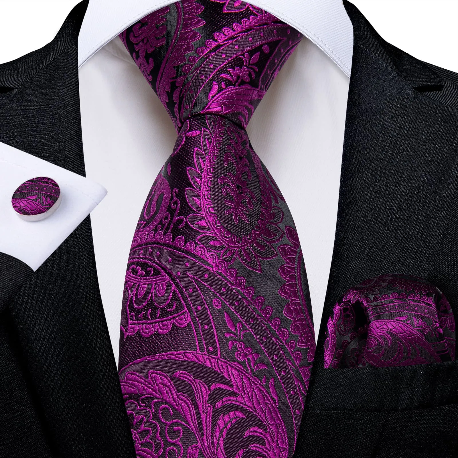 DiBanGu Dress Tie Violet Purple Paisley Men's Silk Tie Handkerchief Cufflinks Set