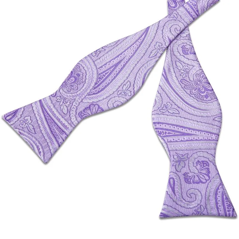 DiBanGu Self-Bow Tie Purple Paisley Men's Silk Bowtie Handkerchief Cufflinks Set