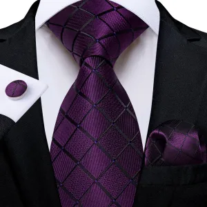 DiBanGu Silk Tie Dark Purple Plaid Mens Tuxedo Work Dresses Tie Pocket Square Cufflinks Set