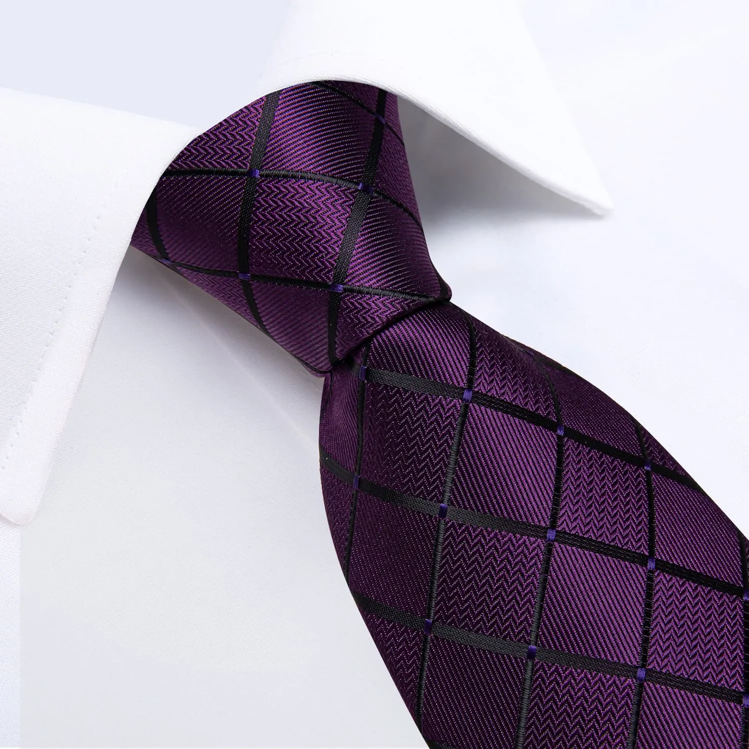 DiBanGu Silk Tie Dark Purple Plaid Mens Tuxedo Work Dresses Tie Pocket Square Cufflinks Set