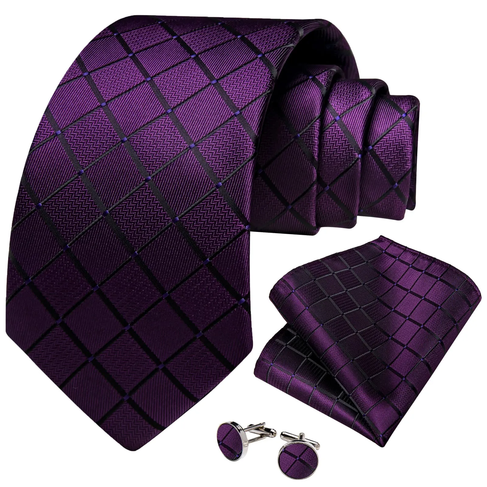 DiBanGu Silk Tie Dark Purple Plaid Mens Tuxedo Work Dresses Tie Pocket Square Cufflinks Set