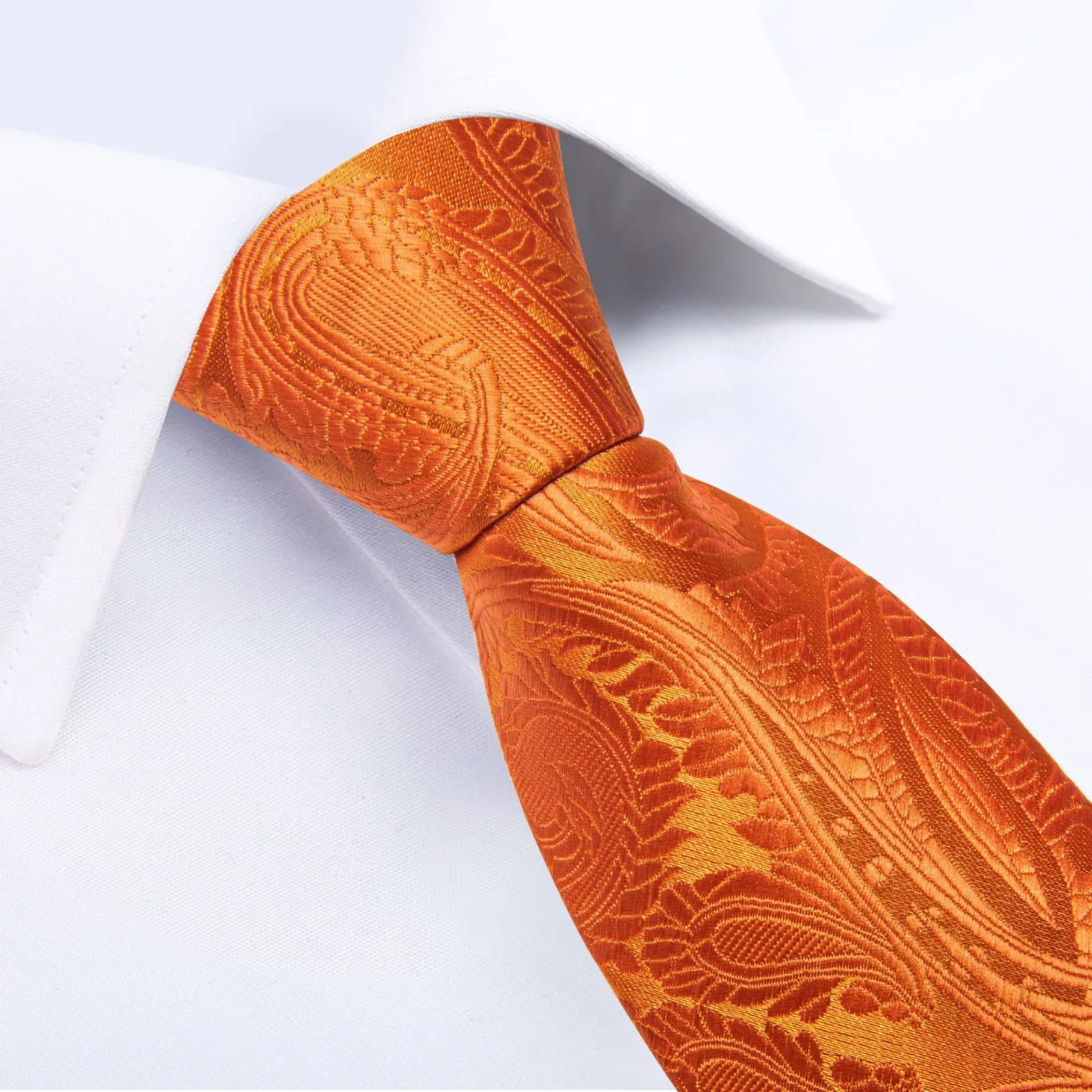 DiBanGu Silk Tie Deep Orange Paisley Lazy Easy-pull Mens Dress Tie Hanky Cufflinks Set