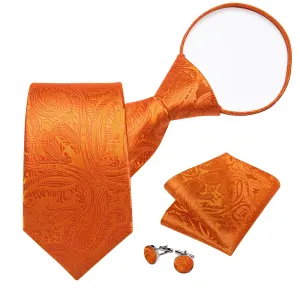 DiBanGu Silk Tie Deep Orange Paisley Lazy Easy-pull Mens Dress Tie Hanky Cufflinks Set