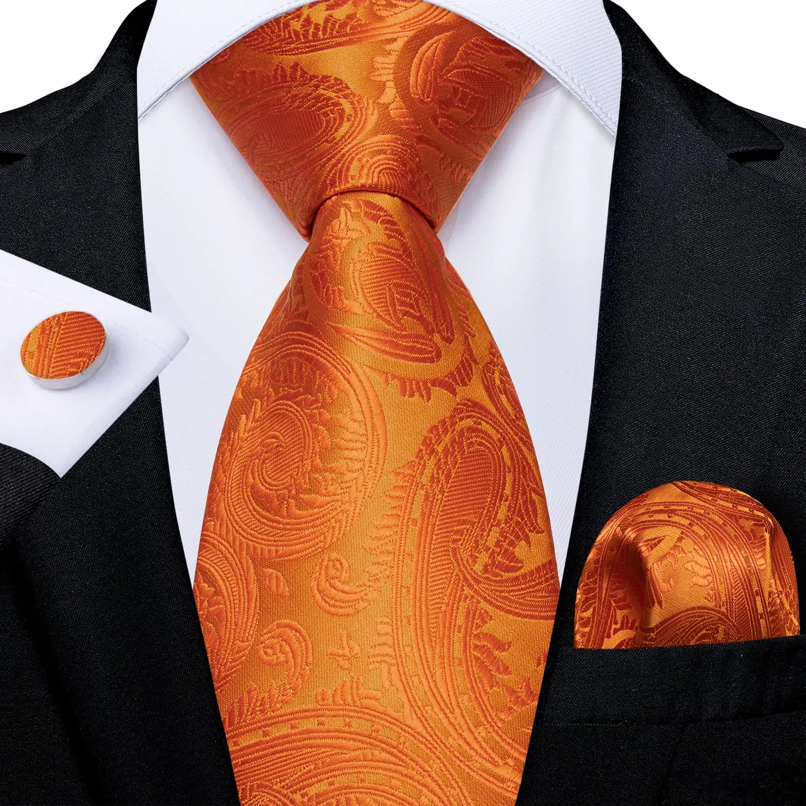 DiBanGu Silk Tie Deep Orange Paisley Lazy Easy-pull Mens Dress Tie Hanky Cufflinks Set