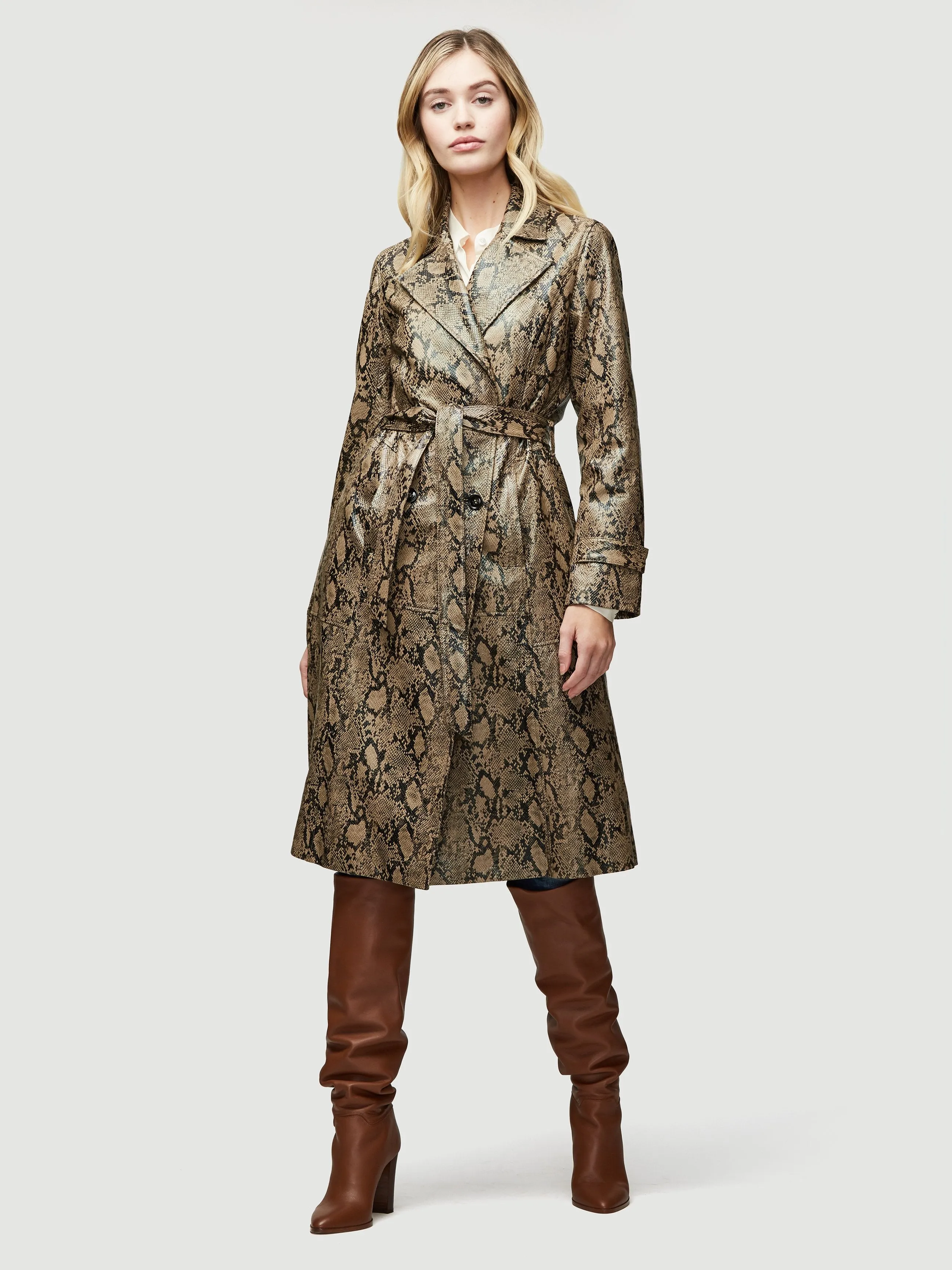 Embossed Python Leather Trench -- Brown Multi