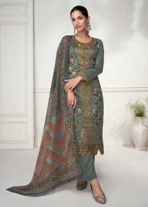 Fabulous Grey Floral Embroidered Silk Wedding Salwar Suit