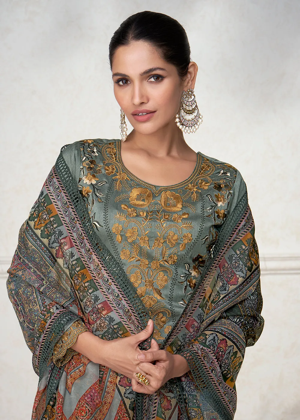 Fabulous Grey Floral Embroidered Silk Wedding Salwar Suit