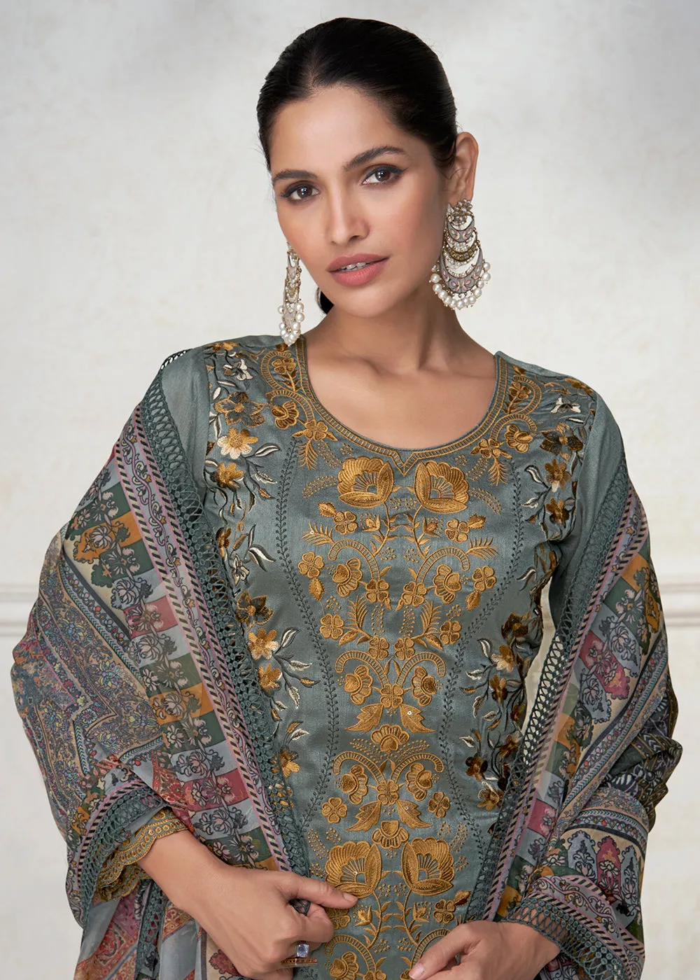 Fabulous Grey Floral Embroidered Silk Wedding Salwar Suit