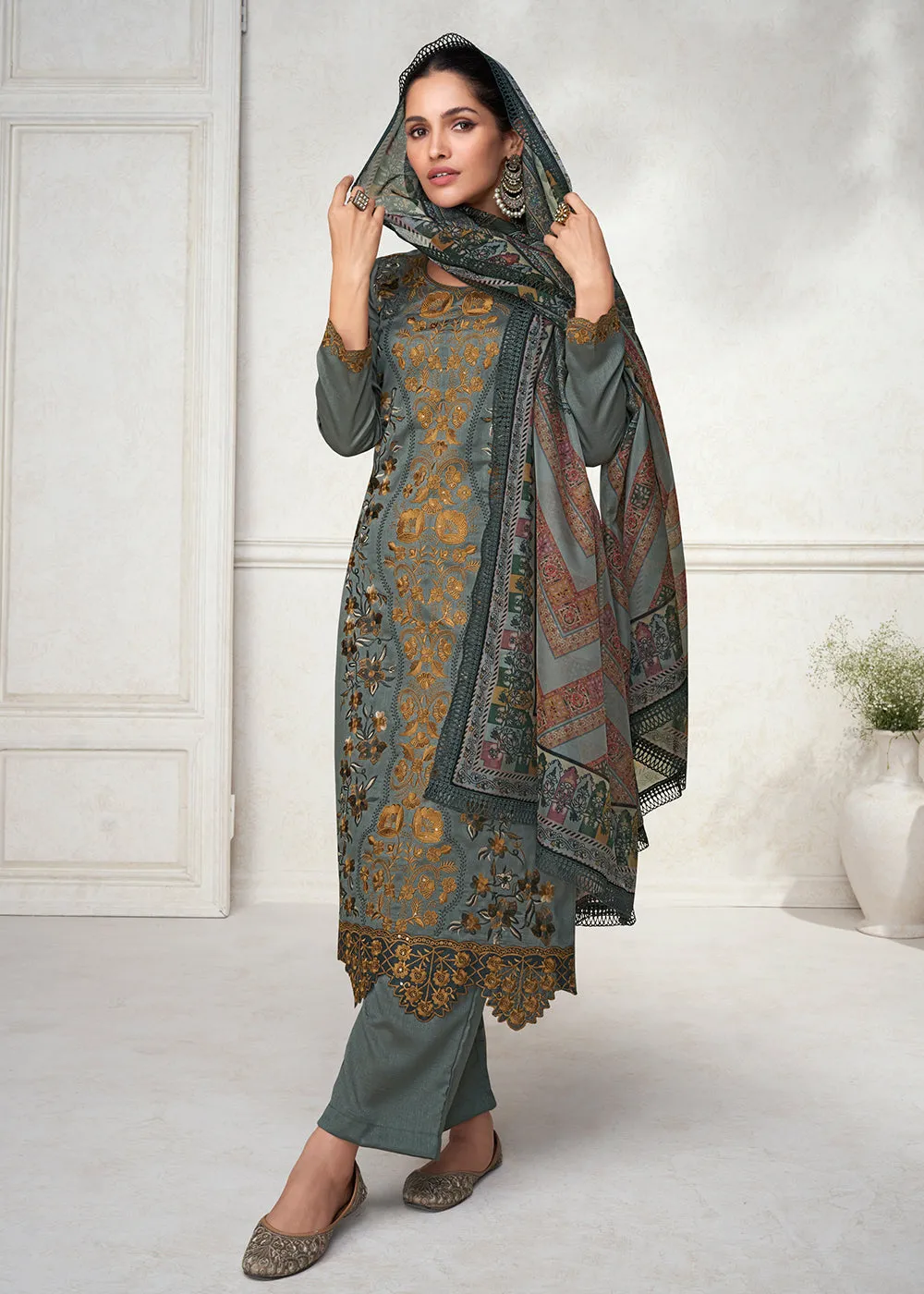 Fabulous Grey Floral Embroidered Silk Wedding Salwar Suit