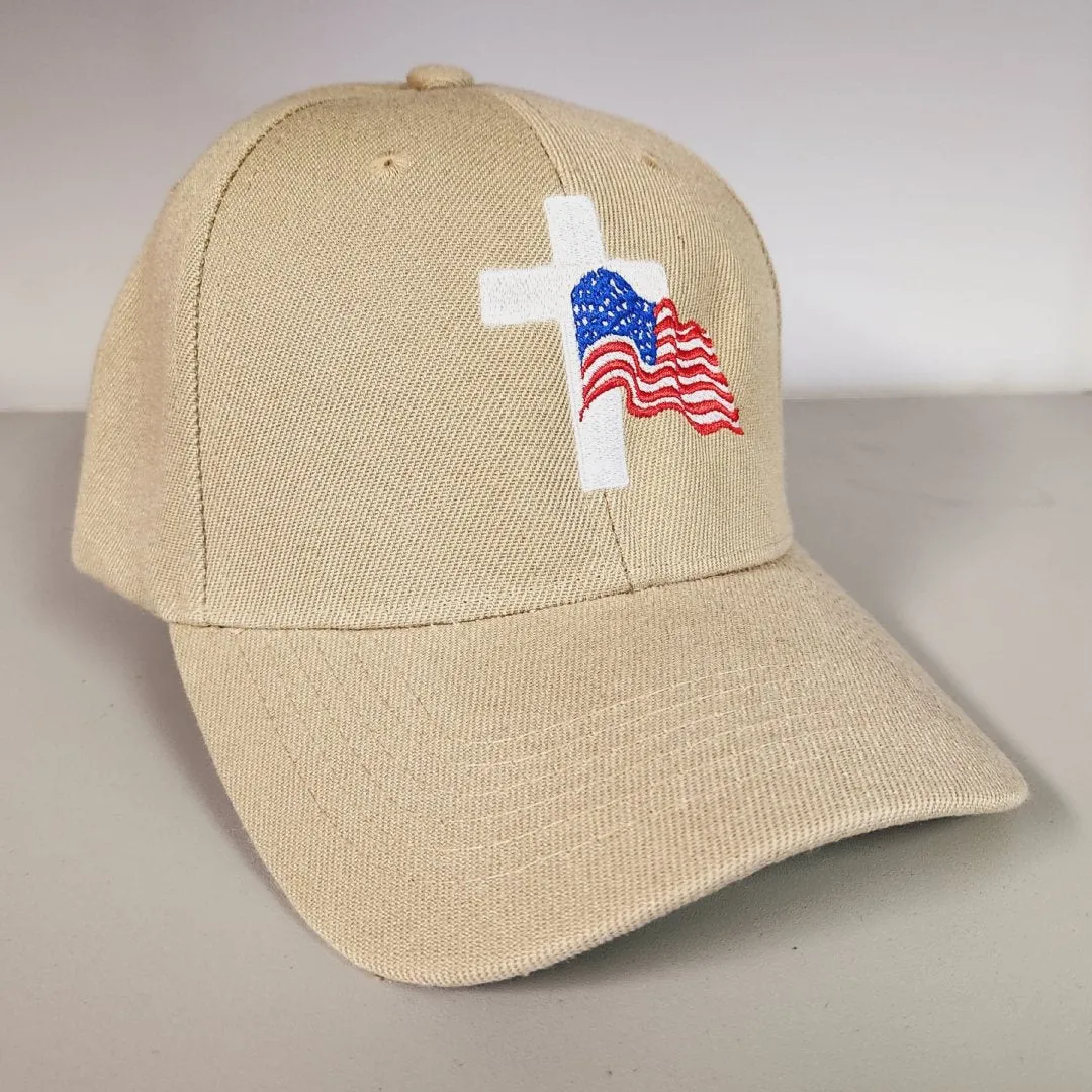 Flag and Cross Custom Embroidered Hat (Khaki)