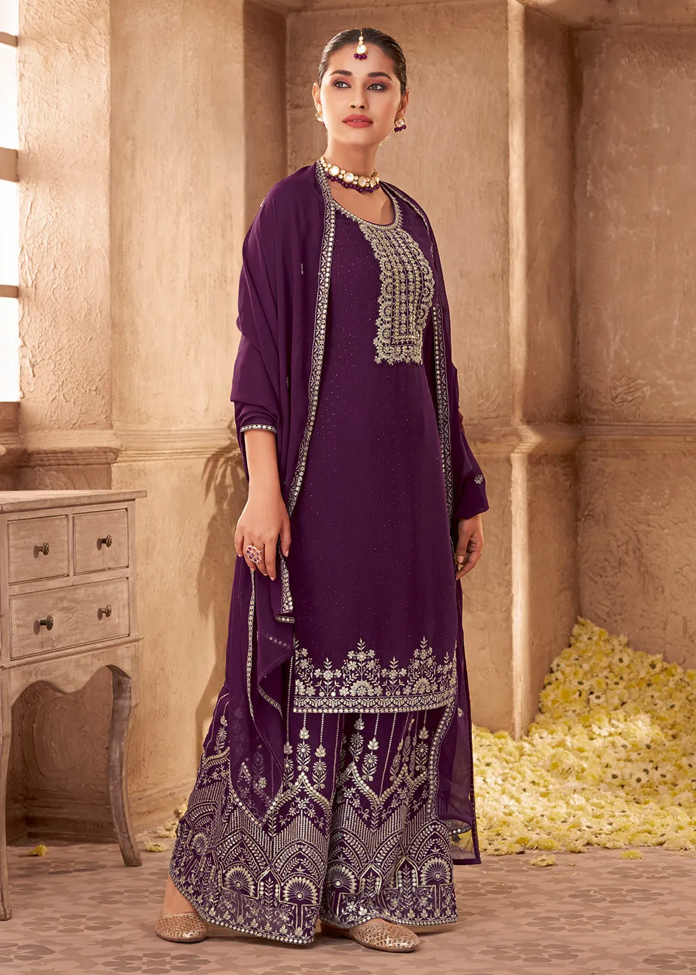 Georgette Designer Purple Embroidered Festive Palazzo Suit