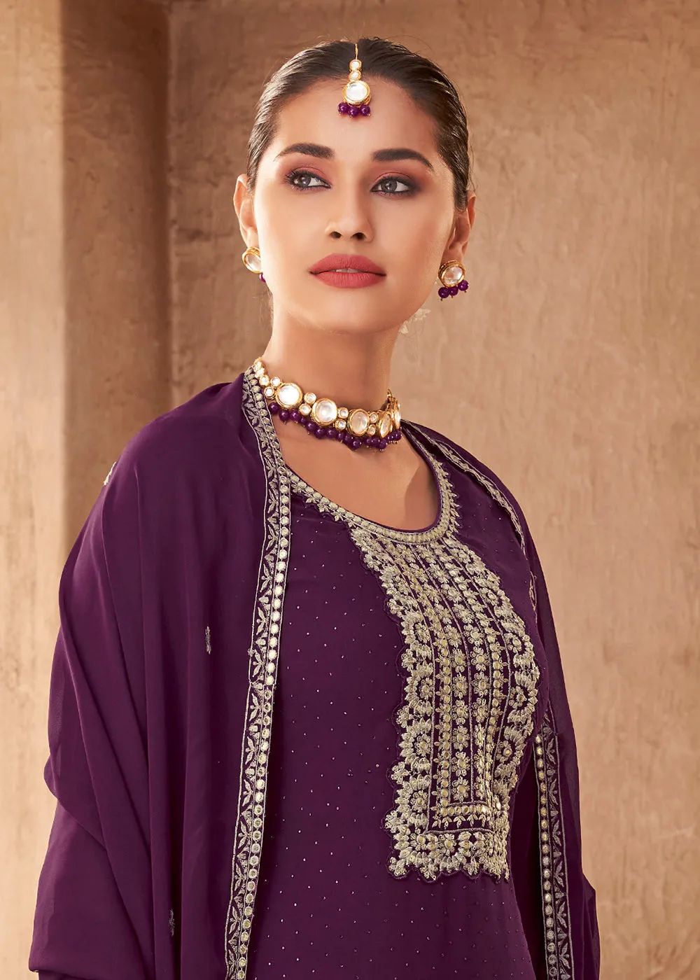 Georgette Designer Purple Embroidered Festive Palazzo Suit