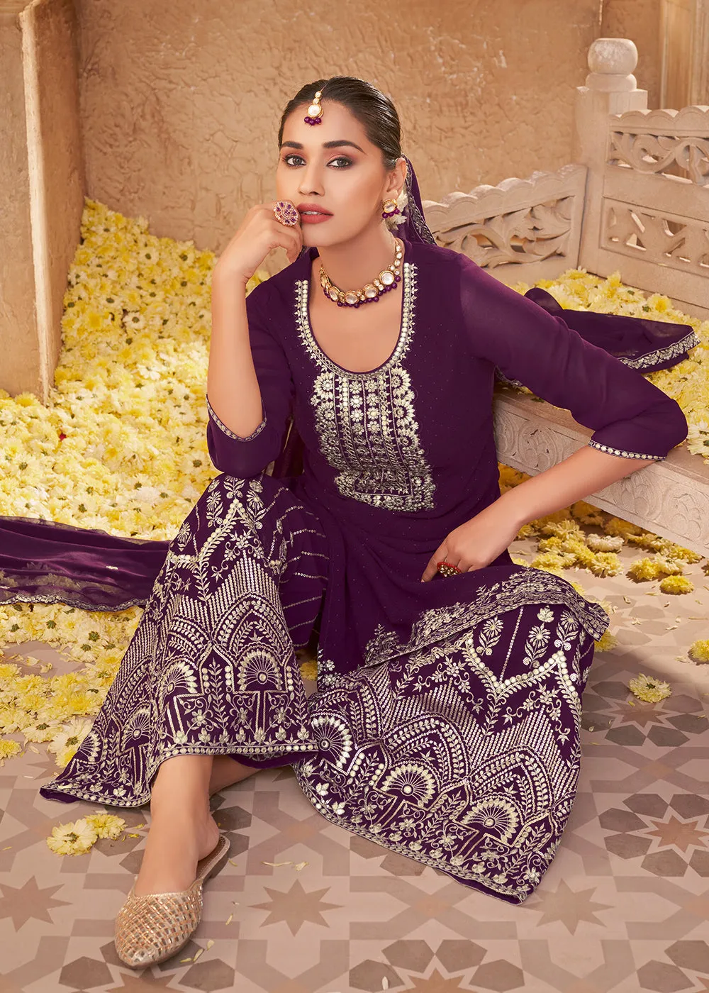 Georgette Designer Purple Embroidered Festive Palazzo Suit