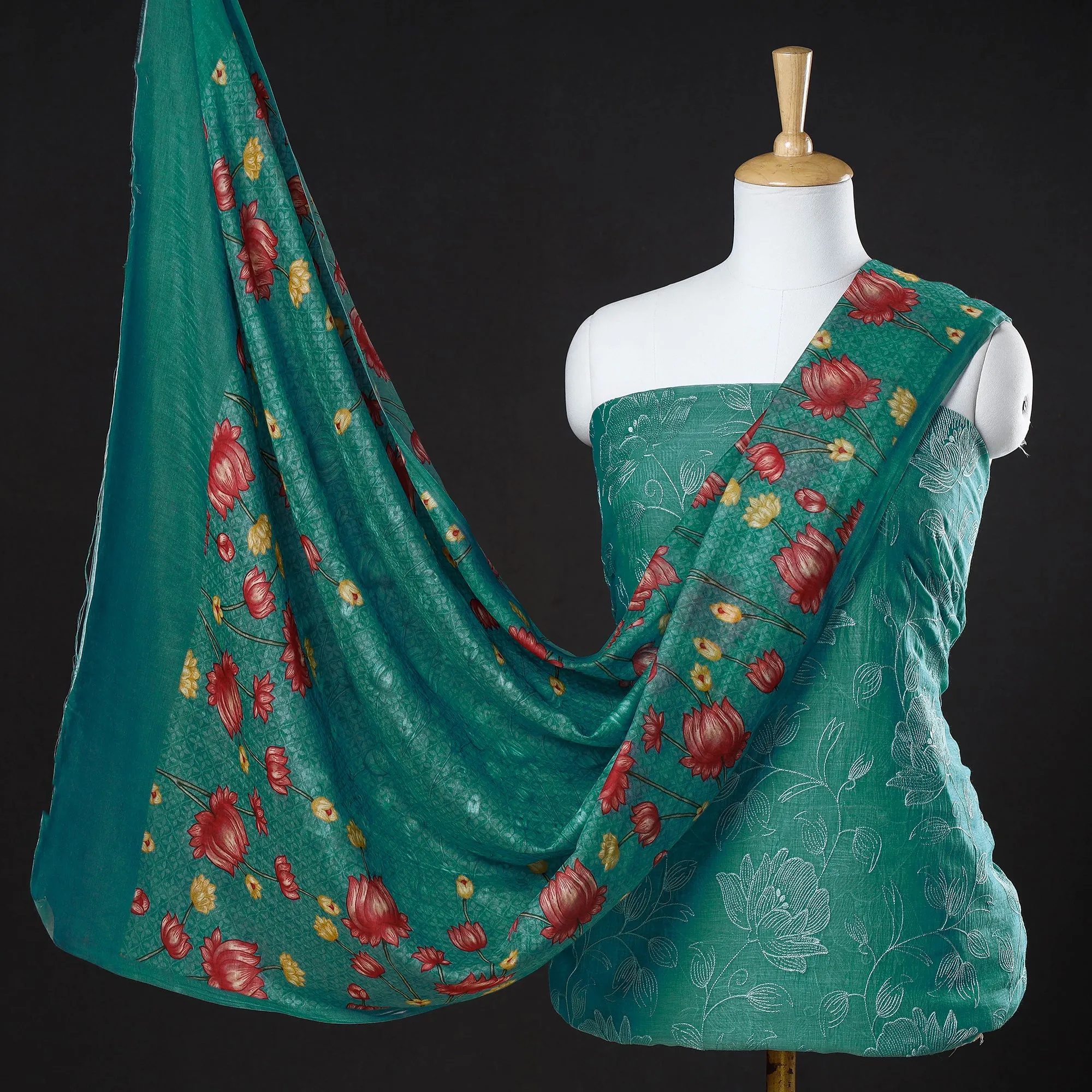 Green - 3pc Handloom Chanderi Silk Cotton Embroidered Suit Material Set with Digital Printed Dupatta