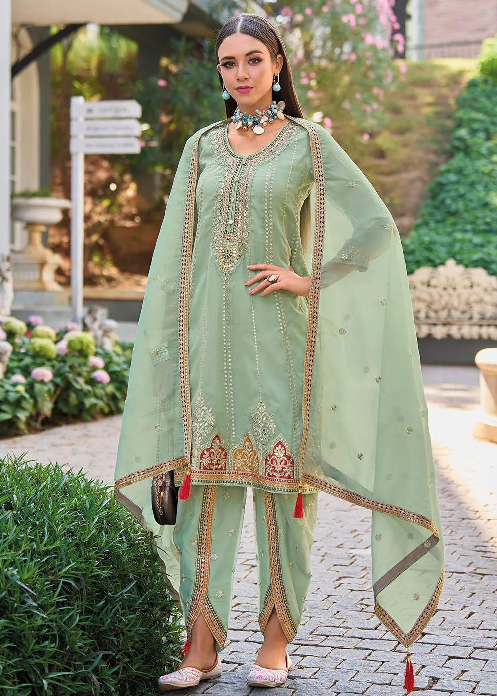 Green Dhoti Style Embroidered Organza Punjabi Style Suit