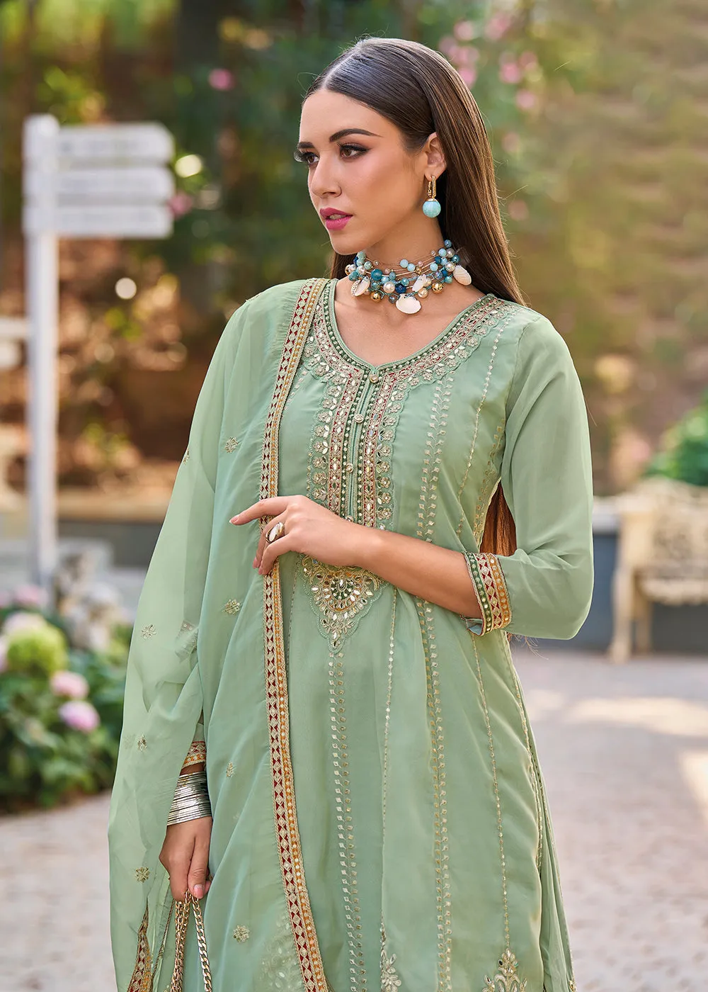 Green Dhoti Style Embroidered Organza Punjabi Style Suit