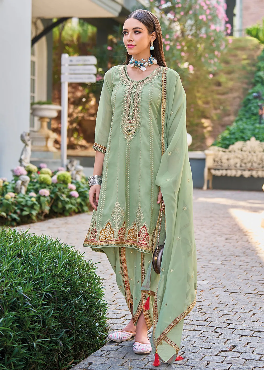 Green Dhoti Style Embroidered Organza Punjabi Style Suit