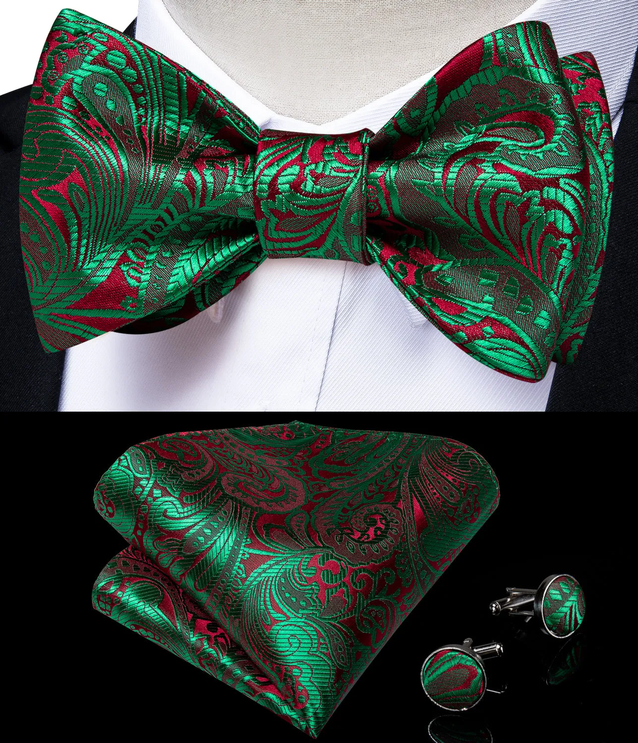 Green Red Paisley Self-Bowtie Pocket Square Cufflinks Set