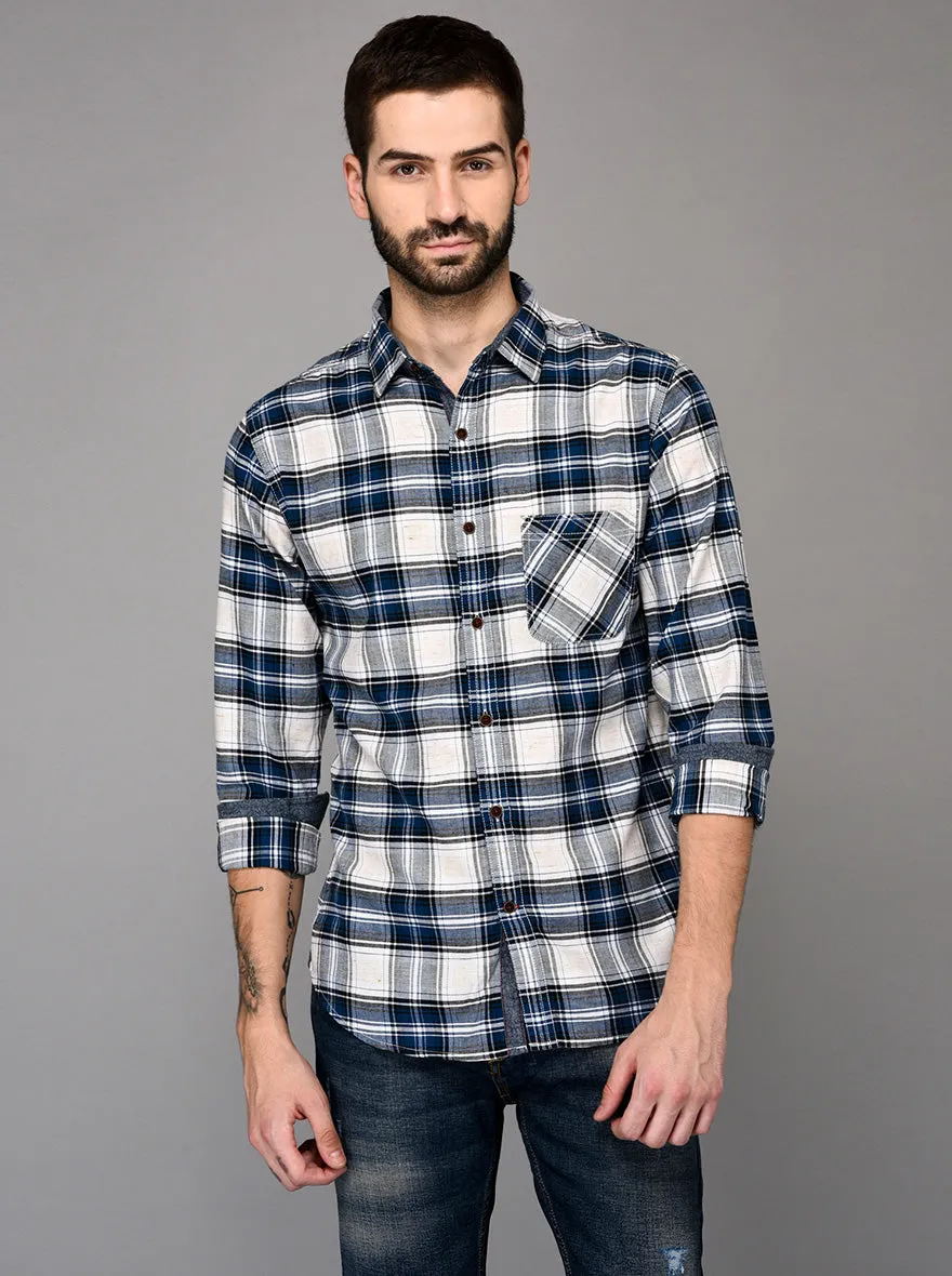 Greenfibre Navy Blue & White Checked Slim Fit Casual Shirt