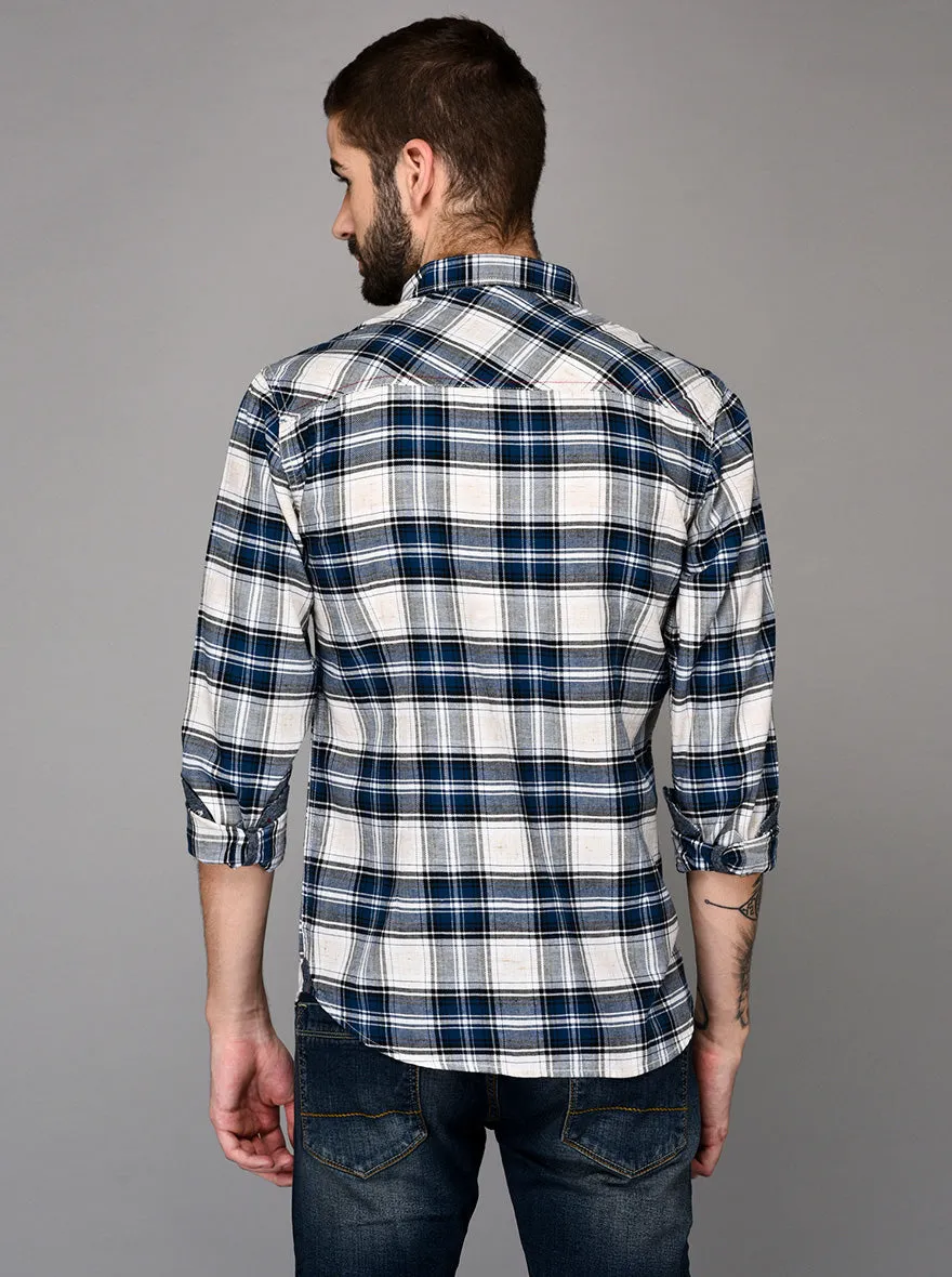 Greenfibre Navy Blue & White Checked Slim Fit Casual Shirt