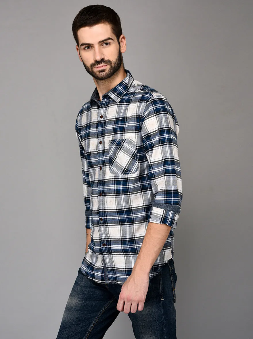 Greenfibre Navy Blue & White Checked Slim Fit Casual Shirt