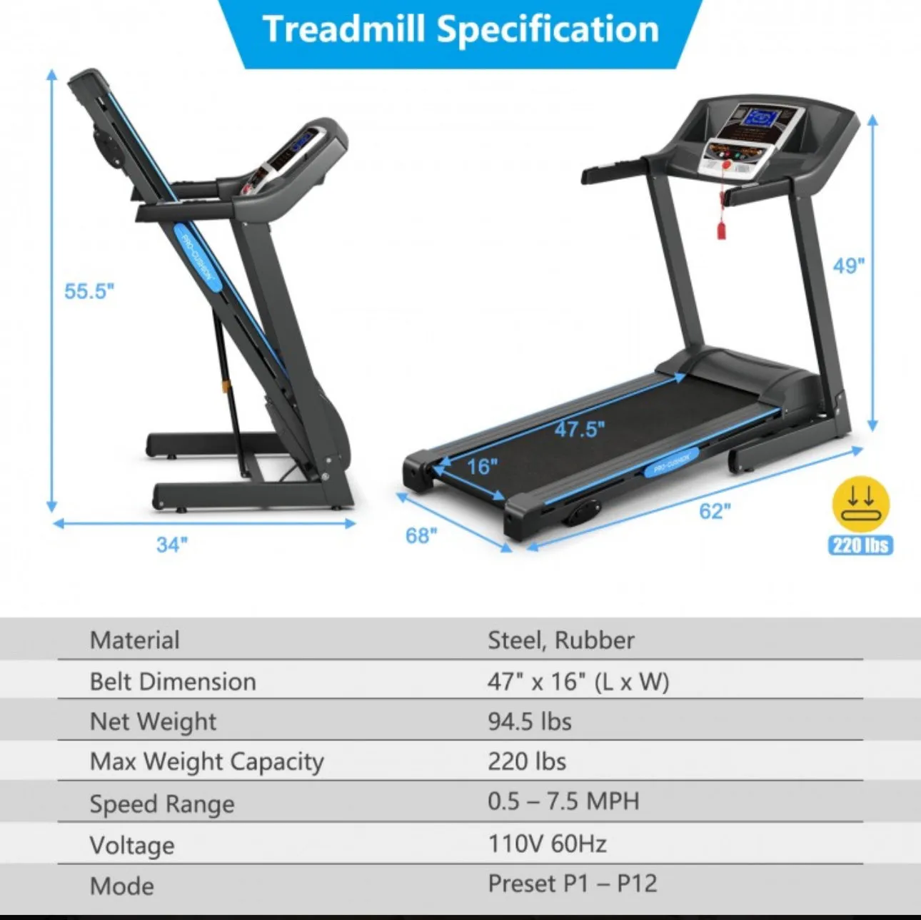 Heavy Duty Folding Electric Motorized Power Treadmill Machine | LCD Display | 2.25HP | 3 Incline Levels | Space Saver | Smooth & Quiet