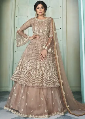 Lovely Beige Shamita Shetty Bell Sleeved Lehenga Style Sharara Suit