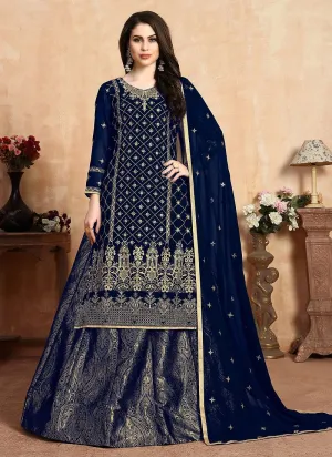 Magnificent Blue Embroidered Georgette Wedding Lehenga Suit