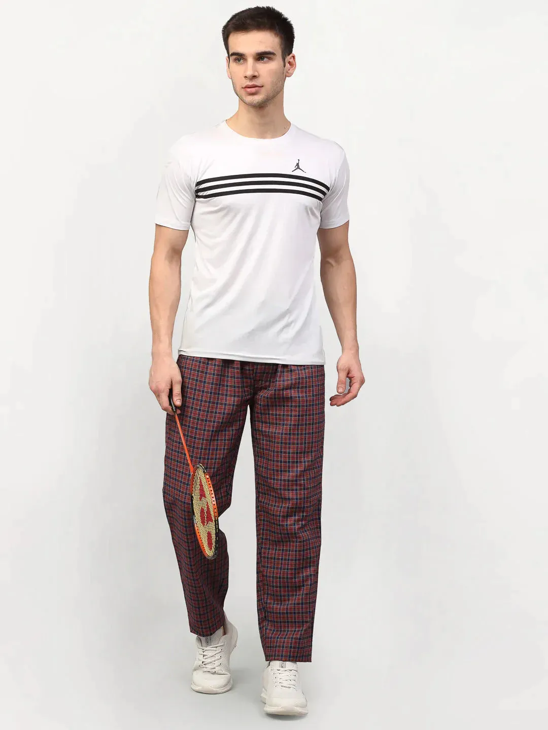 Men'S Maroon Cotton Checked Track Pants