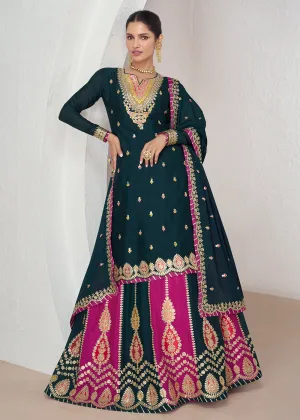 Multi Navy Blue Embroidred Festive Lehenga Kurti Set