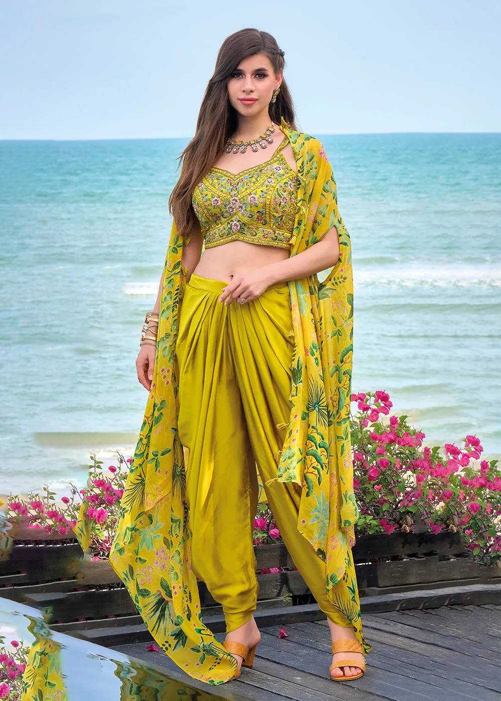 Mustard Satin Silk Embroidered Dhoti Style Crop Top Suit